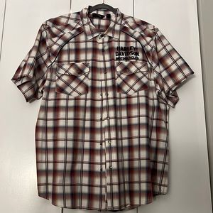 Mens 2XL Red White & Blue Plaid Harley Davidson short sleeve button down shirt
